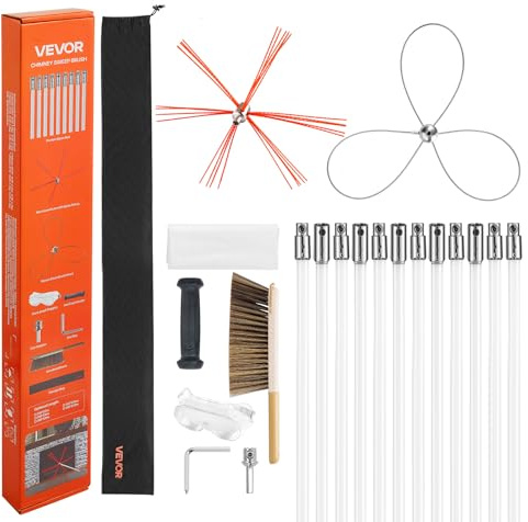 VEVOR Kit Pulizia Stufa a Pellet, Spazzola per Camino Estensibile Fino a 12 m, Spazzacamino con Doppie Testine, Spazzola e Occhiali, Strumento per la Pulizia del Camino per Rettangolari e ad Arco
