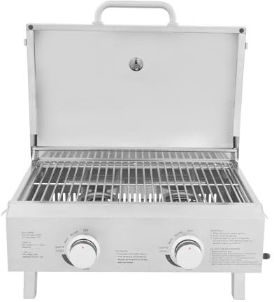 Barbecue à gaz portable en acier inoxydable - 2 brûleurs en acier inoxydable - 55,8 x 45 x 38 cm - Barbecue de camping - Pieds pliables - Pour balcon, camping, jardin