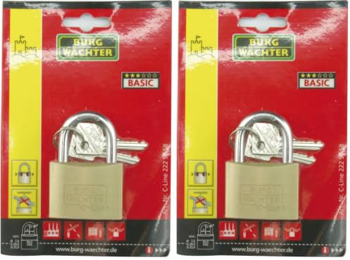 Burg Wächter Vorhängeschloss, C-Line 222 60 SB, inkl. 2 Schlüssel, Messing 60 mm (Packung mit 2)