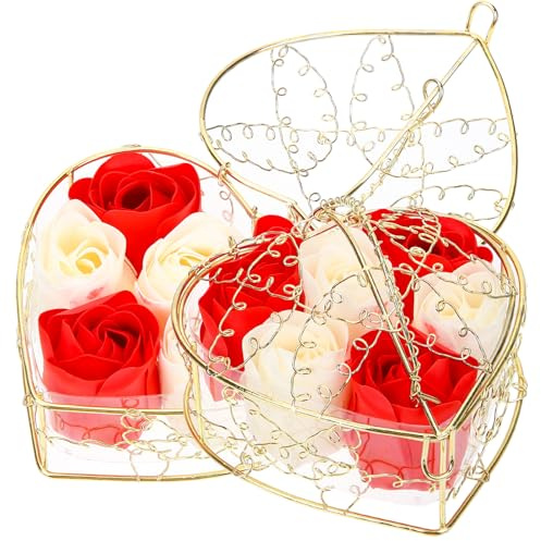 WEKADRIN 2pcs Rose Soap Set Red and White Realistic Rose Flowers in Iron Basket, Scented Bath Soap Flowers for Women, Romantic Valentine's Day and Home Decoration