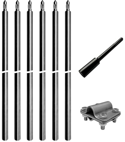 Erdax Tiefenerder V4A Set 6x 1m - Erdungsstangen 20mm Durchmesser aus Edelstahl + SDS Max Eintreiber + Kreuzerder Klemme - Erdungsstab für Erdungskabel PV Anlage Staberder 1m Erdung Komplettset