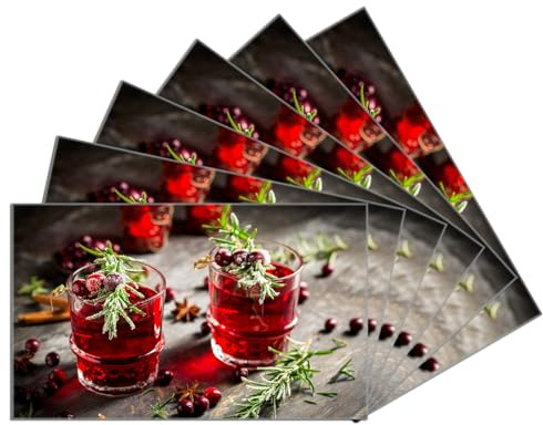 Wallario 6er Set Frühstücksbrettchen aus Glas, Glasunterlage, Glasbrettchen Winterlicher Cranberry-Punsch mit Rosmarin, Größe 14 x 23 cm, Sicherheitsglas