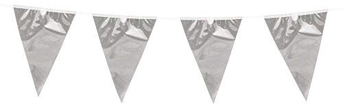 Boland 74765 - Wimpelkette Metallic, 1 Stück, Länge 10 Meter, Silber, Fahnenkette, Hängedekoration, Girlande, Mottoparty, Geburtstag, Karneval, Hochzeit, Jubiläum, Silberhochzeit
