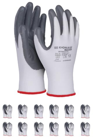 DONAU SAFETY Guantes de trabajo, guantes de montaje, guantes para hombre/talla 09, 12 pares/cat. II/blanco-gris/guantes con revestimiento de nitrilo para trabajos de montaje, mecánicos, jardinería y