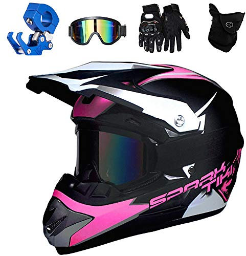 QYTK® Motocross Downhill Helm Herren, Full Face All Terrain Motorrad Enduro MTB MX Helm mit Brille Maske Handschuhe Helmhaken Motorradhelm für Kinder Jugend Damen Mopedhelm,Purple,S(52~53CM)