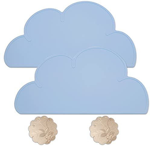 Qualsen BPA-freies Tischset Kinder, 2 Stück Wolke Silikon Platzset Kinder, rutschfest Platzset Abwischbar Platzdeckchen Kinder, Tischsets Abwaschbar Kinder, Tischunterlage Kinder, 48×27cm, Blau