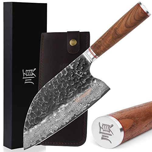 YOUSUNLONG Coltello da cucina professionale da chef mannaia da carne da 206mm martellato damasco fodero in legno di noce naturale con pelle