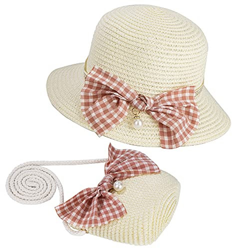 MengH-SHOP Sombrero de Paja Niña Gorra de Sol Chica y Bolsillo Set con Decoracion de Inclinarse Gorro de Playa Niñas Transpirable para Viaje Beach Piscina al Aire Libre (Blanco Lechoso)