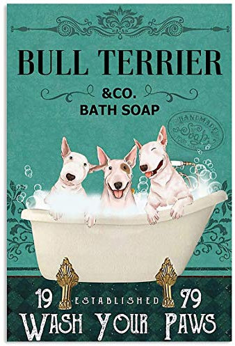TNND Bull Terrier Badeseife Wash Your Paws Poster Vintage Wanddekoration Heimdekoration Vatertag Geburtstag Geschenk Metallschilder 30,5 x 40,6 cm