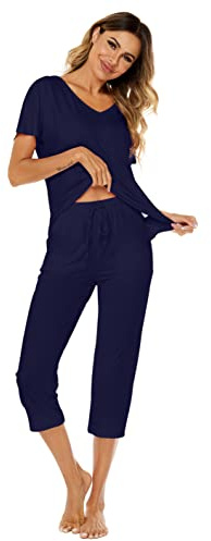 Ietaoo Survêtements Coton Femme Ensemble de Pyjama 2 Pièce Sportswear Jogging Été Col en V Haut et 3/4 Pantalon Sweat Suit Tenue Sport Ensemble Vêtements de Nuit Bleu Marine M