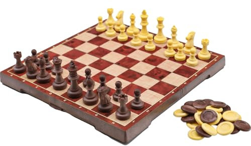 Various Magnetisches Schachbrett, Schachbrett, Dame und Backgammon, Spieltisch mit tragbar, zusammenklappbar, für Reisen für Kinder und Erwachsene (braun)