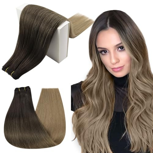 RUNATURE Tressen Echthaar Extensions Balayage Fabre Dunkelbraun mit Mittelbraun und Aschblond Sew in Weft Human Hair Tressen Haartressen Echthaar Lang 55cm 22 Zoll 100g #2/6/18