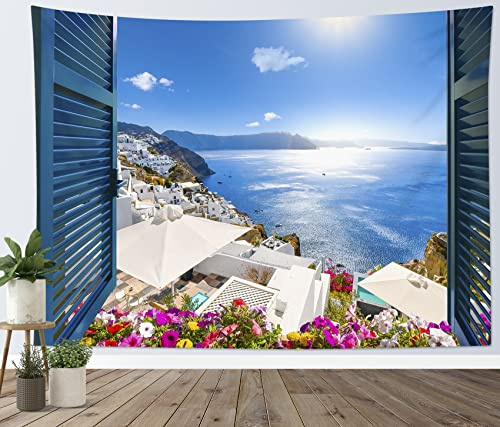 LB Insel Wandteppich Griechische Meer Landschaft Wandtuch Blauer Ozean und bunte Blumen Wandbehang Europäischer Stil Tapisserie für Wohnzimmer Schlafzimmer Wohnheim Wanddeko,150x130cm