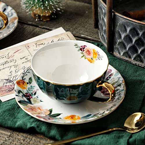 JOYOFUN Green Tea Cup and Saucer,Porcelain Coffee Cup Royal Ceramic Floral Lined Design Teacup with Gold Trim and Spoon,8 oz Vintage China Mug Cup for Latte,Cappuccino,Tea Sets Birthday Gift