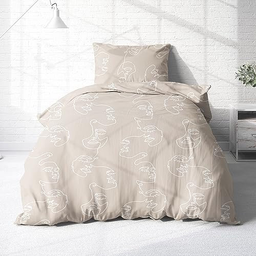 Träumschön Premium Bettwäsche 155x220 + 80x80 cm - One Line Design Beige - Sommer Bettwäsche aus Baumwolle – Weich, Atmungsaktiv & Hautfreundlich - bügelfrei
