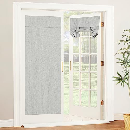 PONY DANCE Blackout Single Thermal Curtain No Drilling Sticker Glass Door Blinds Room Darkening Curtains for French Door Portable Tie Up Shades Window, 26x69-Inch, Silver Grey, 2 PCs