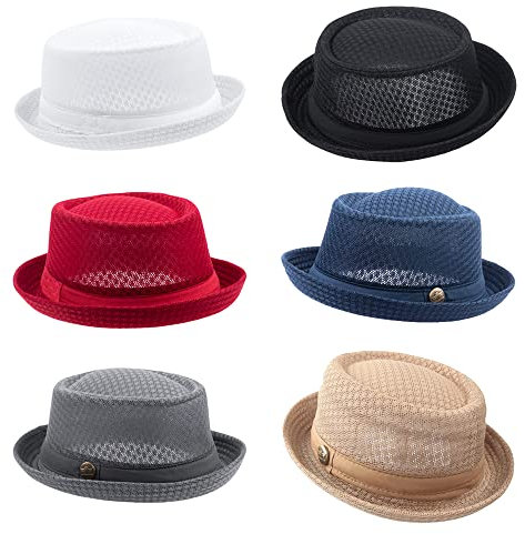 ZffXH Men's Porkpie Hat, 6pcs Colorful Summer Mesh Beach Pork Pie Hats for Men, Gentlemen Fedora Hats, Mens Trilby Sun Hat, Breatherable Flat Cap, Breaking Bad Hat, Bowler Hat for Cooling Beach Party
