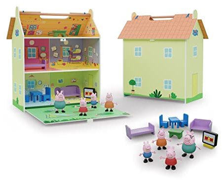 Peppa Pig 913D00073 Maison Portable en Bois avec décoration – 2 étages avec Grenier et Jardin – Comprend 7 Accessoires et 4 Personnages – Taille 39 x 34, 5 x 18 cm