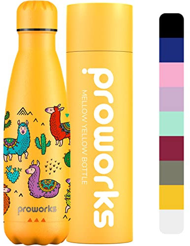 PROWORKS Bouteille d'eau Isotherme, sans BPA, Gourde INOX Reutilisable pour Maintien Chaud de 12 Heures & du Froid Jusqu’à 24 Heures, Sport, Gym, Voyage 500ml - Mellow Yellow - Lamas & Cactus