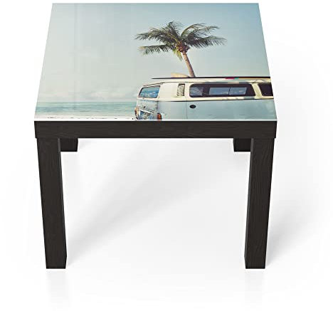 DEQORI Glastisch | schwarz klein 55x55 cm | Motiv Surfer-Bus am Strand | ausgefallener Beistelltisch aus Glas | Hochglanz Couchtisch fürs Wohnzimmer | moderner Couch Tisch mit Design