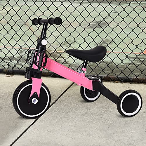 Kleinkind-Dreirad, Kinderfahrrad Laufrad mit Abnehmbare Zusammenklappbar Pedale, Dreirad mit Verstellbaren Sitzen, Lauflernhilfe für Kinder ab 1 Jahre bis 4 Jahren (Ohne Putter-Rosa)