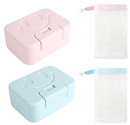 Savon 2 pièces, 2 sacs à savon, sac de voyage, porte-savon portable, pour camping, maison, salle de bain (Rose, Bleu)