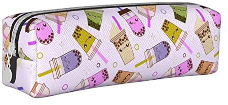 SJOAOAA Niedliche Cartoon Bubble Tea Muster Bleistift Fall Halter Beutel mit Reißverschluss Leder Stift Bleistift Taschen Box Organizer Kosmetik Make-up Tasche Aufbewahrungstasche, weiß,