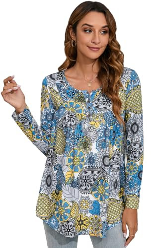 Enmain Women's Tunic Tops Plus Size Tunic Tops for Leggings Long Sleeve Ladies Blouse T Shirt Buttons Up Floral Printed Ladies T-Shirt,L1-Blue/White,2XL