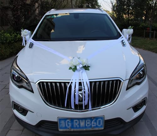 Premium Autoschmuck Hochzeit Weiß, Autodekoration Hochzeit Motorhaube, Deko Hochzeitsauto, Blumen Auto Hochzeit,Car Wedding Girlande, Auto Schmuck Hochzeit Braut Paar Rose Deko,Weiß Rosendekoration
