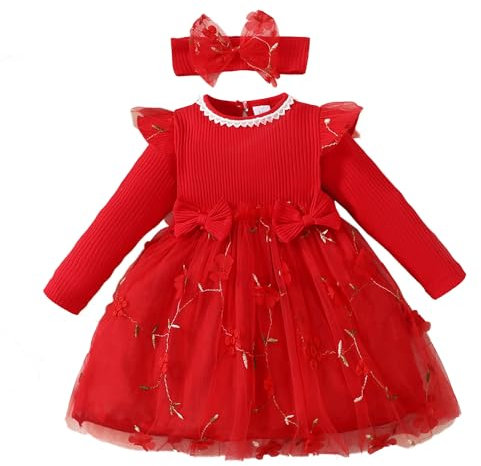 Verve Jelly Kleinkind Kinder Baby Mädchen Kleider Rüschen Langarm Solides Kleid Gerippter Strick Prinzessin Rock Einteiliges Herbst Winter Outfits Set mit Stirnband Rot 18–24 Monate