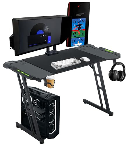 LZQ Bureau de gaming LED 120 x 60 cm, bureau d'ordinateur de gaming avec revêtement en fibre de carbone, bureau de gaming / bureau avec porte-gobelet et crochet pour casque pour une expérience de jeu