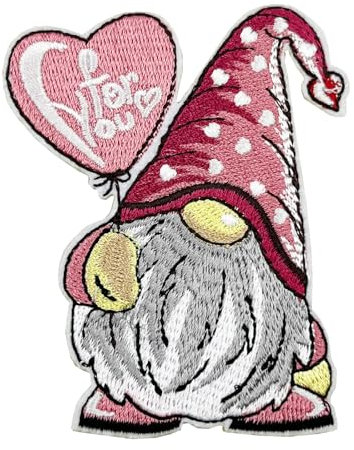 8,9 cm großer Wichtel mit Herzballon, bestickt, Aufnäher Bügelbild Patch, zum Aufbügeln, Liebesaufkleber