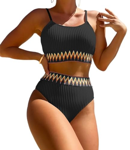 Enwokran Costume da Bagno Donna Vita Alta Push Up Sportivo Bikini Halter Costumi da Bagno Due Pezzi Ritaglio Imbottito con Cinturino Regolabile (Nero, L)