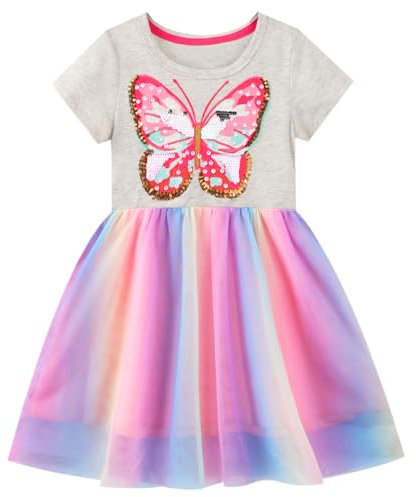 JinBei Kleid für Mädchen Einhorn Kleider Kinder Regenbogen Tüll Pailletten Grau Baumwolle Kurzarm Partykleid T-Shirt Tutu Hochzeit Sommerkleid Alter 3-4 Jahre, Schmetterling Muster