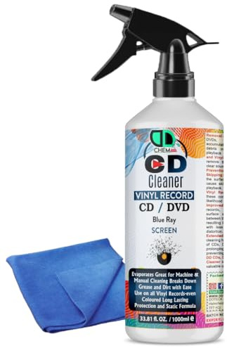 Vinyl LP Record Cleaner Solution | Antistatic Fluid Spray Bottle with Supersoft Microfibre Cleaning Cloth | Removes Dirt, Dust & Fingerprints (1000ml Spray + Cloth)