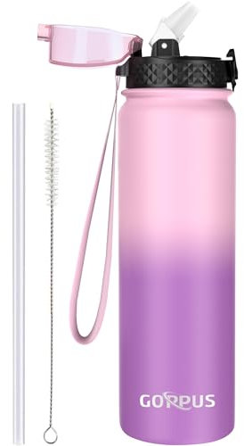 GOPPUS 1L/32oz Bouteille d'eau en Acier Inoxydable avec Paille - Bouteille d'eau Thermique à Double Paroi Isolée - Étanche pour Adultes