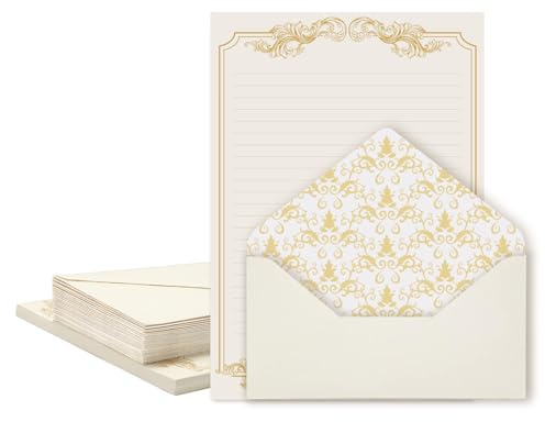 XXINMOH 90 Piece Stationery Set - 60 Vintage-Style Paper Sheets + 30 Envelopes, Gold Border Letter Writing Paper for Love Letters & Party Invitations