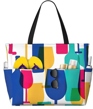 BREAUX Cocktail Glasses and Wine Bottles print Large capacity travel bag, daily handbag, beach travel bag, grocery bag, Black, One Size