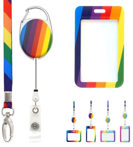 LanyardsTomorrow - Cordino retrattile arcobaleno con porta badge scorrevole e clip estensibile, include cordino abbinato, clip per bobina Yoyo e porta carte d'identità colorato per uso verticale