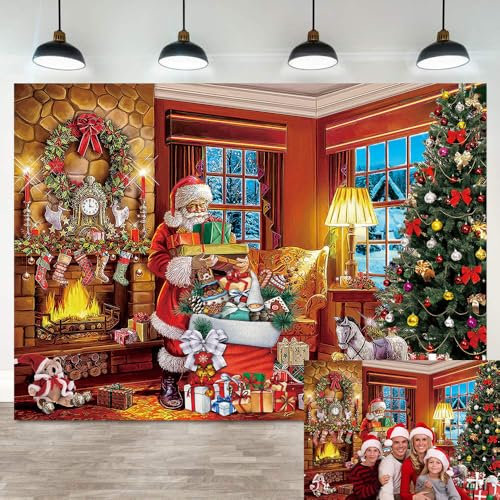 Fond de Père Noël Arbre Hiver Fenêtre Neige Cheminée Chaussettes Jouets Photographie Intérieur Extérieur Nouvel An Fête Décoration 7x5FT