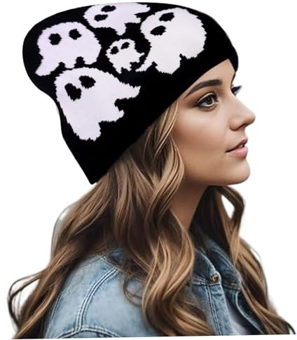 Y2k Beanie Ghost Muster Acrylfasern Strick Halloween Hut Grunge Unisex Emo Beanie Casual Skull Häkel