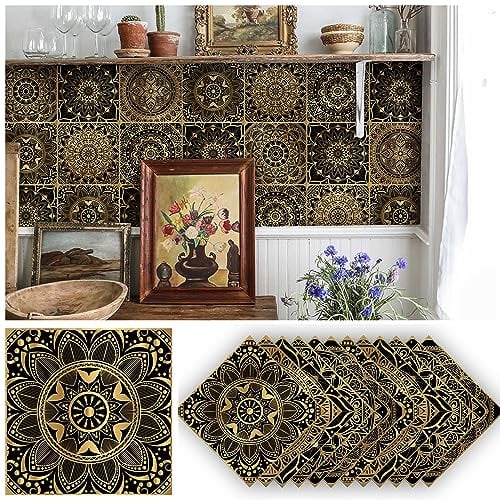Neukids 24pcs 15*15cm Black Gold Tile Stickers Peel and Stick Tiles Kitchen