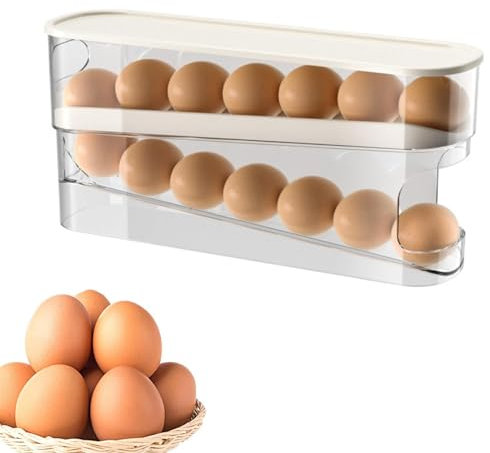 Egg Holder for Fridge,Eggs Dispenser Auto Rolling, Automatic Scrolling Egg Rack Holder, 2-Layer Rolling Eggs Storage Box,Space-Saving Egg Dispenser Auto Rolling for Fridge,Kitchen, Cabinets (1)