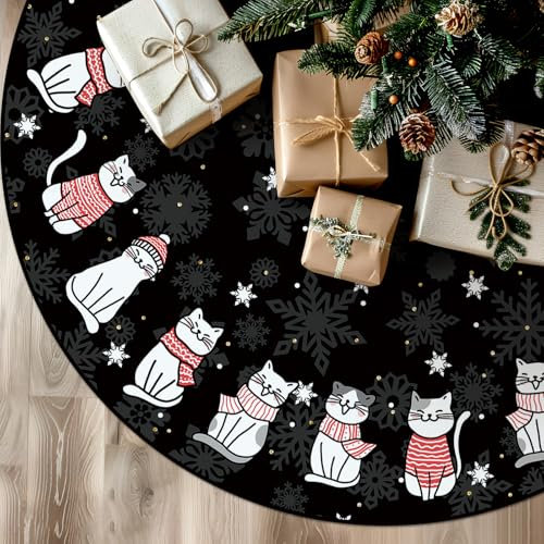 Tian Zhun Weihnachtsbaumrock, schwarzer Baumrock mit Katze, Weihnachtsfeier, Winterurlaub, Baummatte, 122 cm, für Innen- und Außendekoration