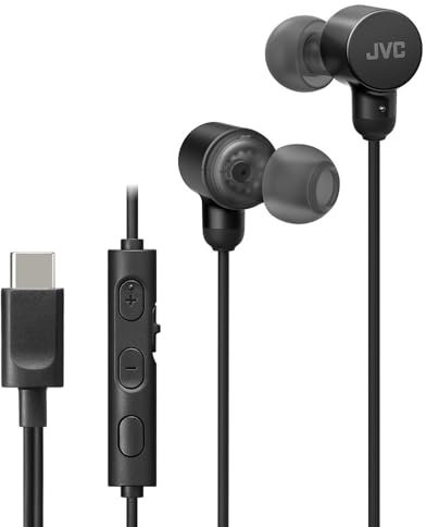 JVC HA-FR29UC-B - USB-C Ohrhörer, DA-Wandler, Hi-Res-Audio, Mikrofon mit Stummschaltung, Bequeme Silikon-Ohrstöpsel, 3-Tasten-Fernbedienung, Plug & Play für PC/Smartphone/Gaming, Farbe Schwarz