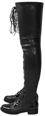 FUIPOT Stivali sopra Il Ginocchio da Donna,Stivali Dritti alla Coscia con Punta Rotonda e Tacco Basso,Stivali Lunghi con Lacci Anteriori e Cerniera Laterale,Stivali in Pelle Verniciata,Nero,38 EU