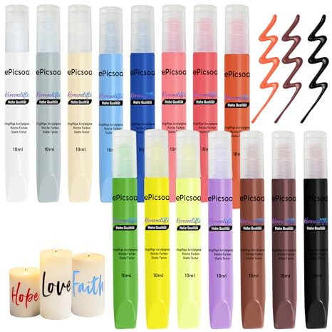 ePicsoa 15 Stück Kerzenstifte, 15 Farben 10ml Wachsstifte für Kerzen, Candle Pen Kerzenfarbe Kerzenpen, Kerzen Bemalen Set Ideal zum Anmalen, Verzieren & Personalisieren