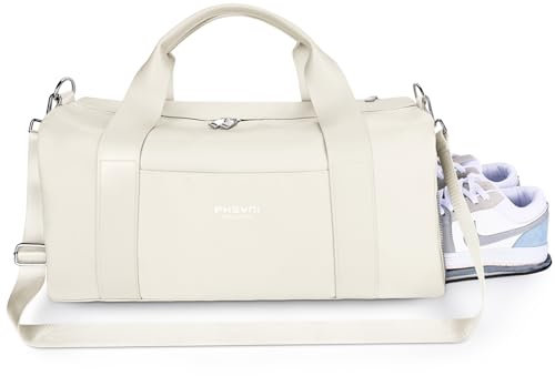 25L Medium Sporttasche Reisetasche für Damen und Herren,wasserdichte Handgepäcktasche,Trainingstasche für Reisen Schwimmenmit Schuhfach und Nassfach,Griff aus PU Leder (Beige,19 Mittelgroße Größe)