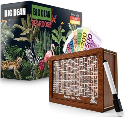 BigDean Spardose aus Holz mit Ziel 3000€ – fertig montiert,Wiederverwendbar Holzspardose mit Sparziel zum Ankreuzen