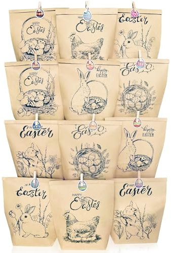 12 Stück Geschenktüten zu Ostern, Hasen Ostereiern Küken Ostermotive Kraftpapier, Osternest Osterkörbchen mit Ostern Aufklebern Osterkarte Holzklammern, Oster Dekoration für Kinder Geschenke Mitgebsel